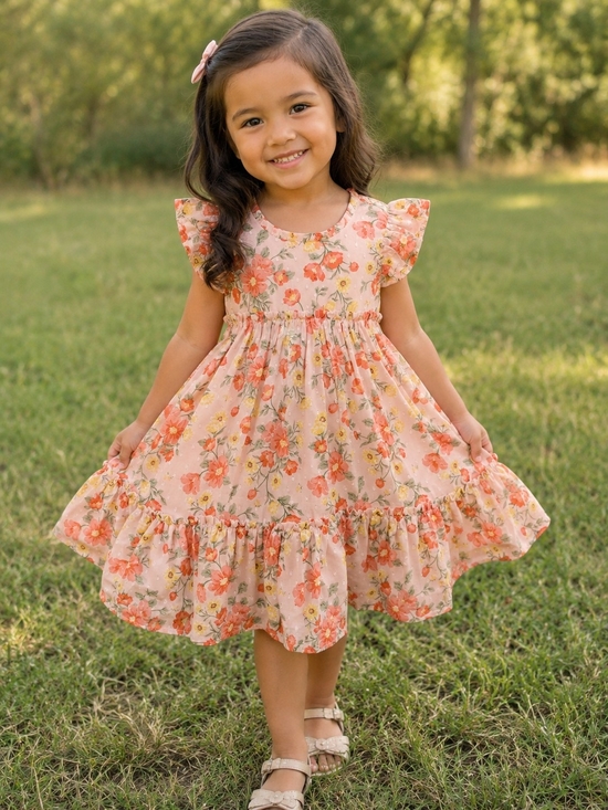 Christian Siriano Other - Girls' Peach Floral Ruffle-Sleeve Dress